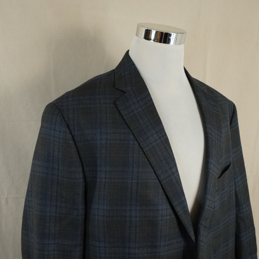 Hart Schaffner Marx 50L New York Fit Sport Coat Wool Gray Blue Plaid Two Button